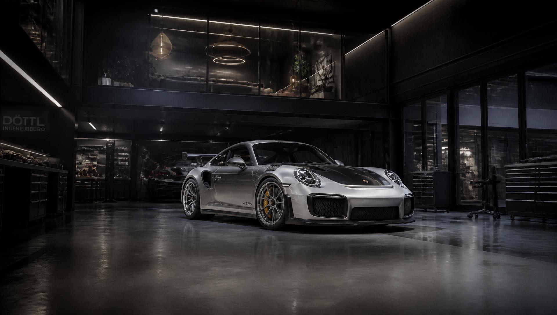 Modern luxury automotive workshop interior at night, cinematic lighting